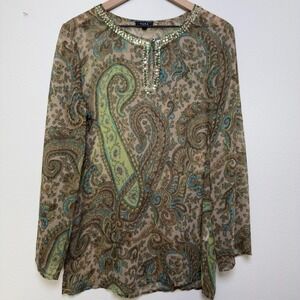 Tara Women Sheer Tunic Top Medium Green Brown Paisley Sequin Artsy Lagenlook 40‎